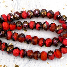 Load image into Gallery viewer, Pre-Order 6x8mm Etched Ladybug Red with Copper Rainbow Finish Rondelle Czech Bead Strand

