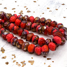 Load image into Gallery viewer, Pre-Order 6x8mm Etched Ladybug Red with Copper Rainbow Finish Rondelle Czech Bead Strand
