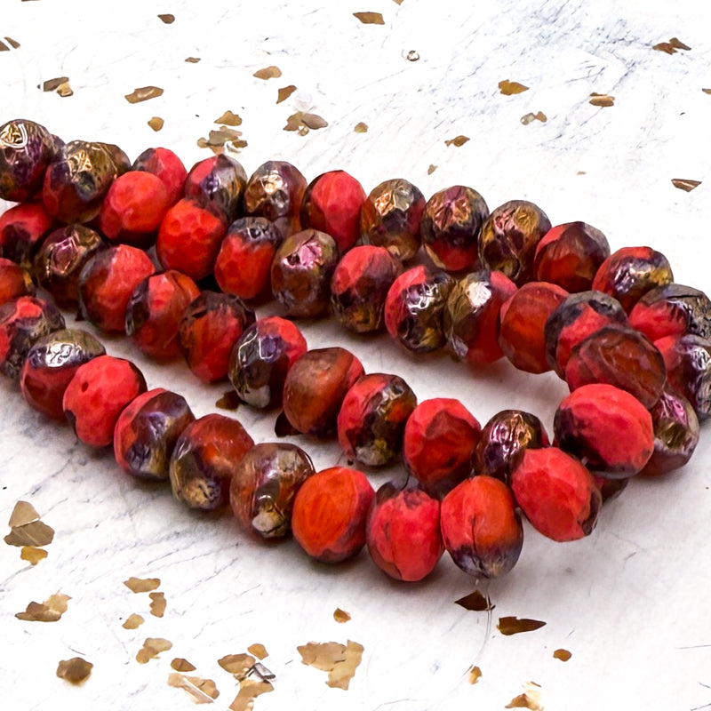Pre-Order 6x8mm Etched Ladybug Red with Copper Rainbow Finish Rondelle Czech Bead Strand