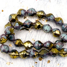 Load image into Gallery viewer, Pre-Order 10x8mm Faceted Bicone Spring Green with Gold and Bronze Finishes Bead Strand
