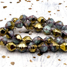 Load image into Gallery viewer, Pre-Order 10x8mm Faceted Bicone Spring Green with Gold and Bronze Finishes Bead Strand
