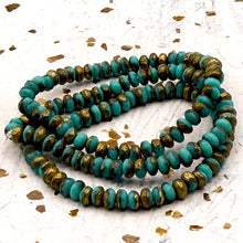 Load image into Gallery viewer, Pre-Order 3x2mm Rondelle Sea Green with Etched and Gold Finishes Bead Strand
