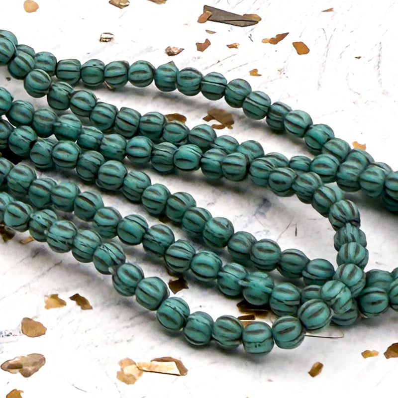 3mm Melon Matte Sea Green with Brown Wash Bead Strand