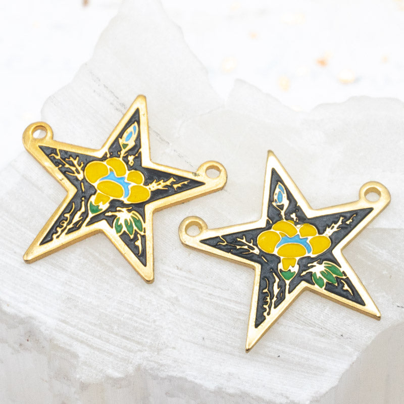Vintage Enamel Yellow Crocus Star Link Pair