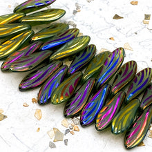 Load image into Gallery viewer, 5x16mm Transparent Lime Green Rainbow Wings Dagger Bead Strand
