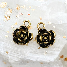 Load image into Gallery viewer, Antique Gold Little Open Rose Flower Charm Pair
