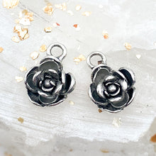 Load image into Gallery viewer, Antique Silver Little Open Rose Flower Charm Pair
