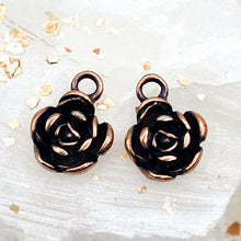 Load image into Gallery viewer, Antique Copper Little Open Rose Flower Charm Pair
