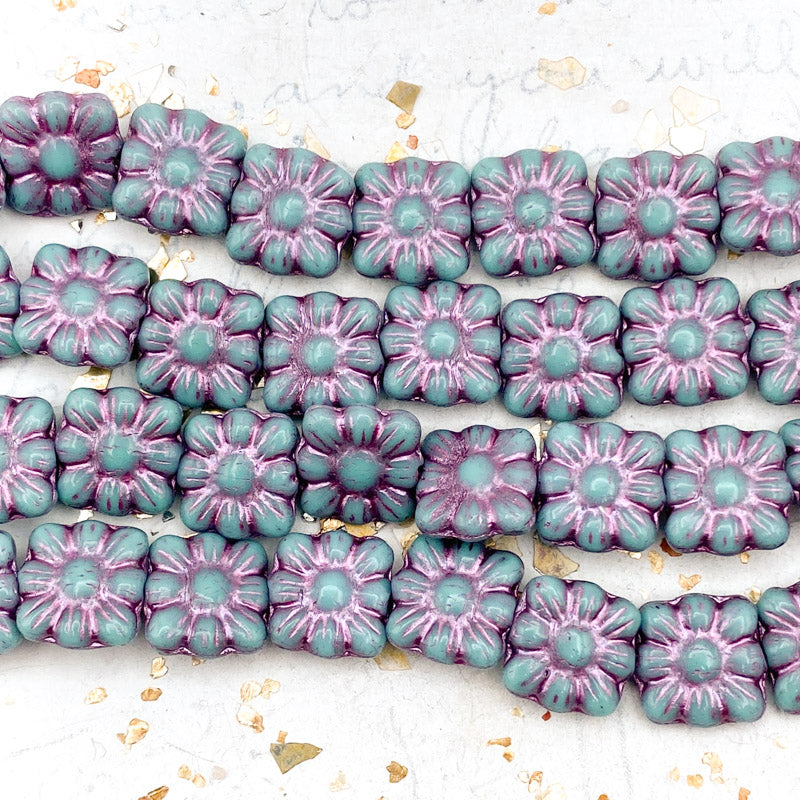 9mm Turquoise with a Metallic Pink Wash Flower Power Bead Strand