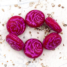 Load image into Gallery viewer, 17mm Ruby Red with Etched Finish and Pink Wash Rose Coin Bead Strand
