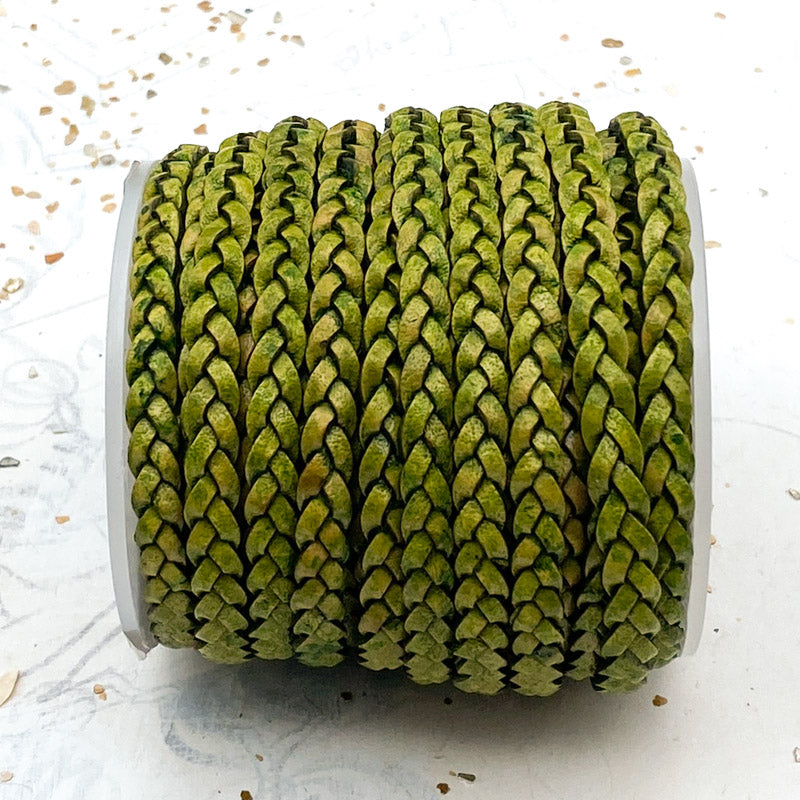 5mm Natural Green Indian Braided Flat Leather - 12 Inches