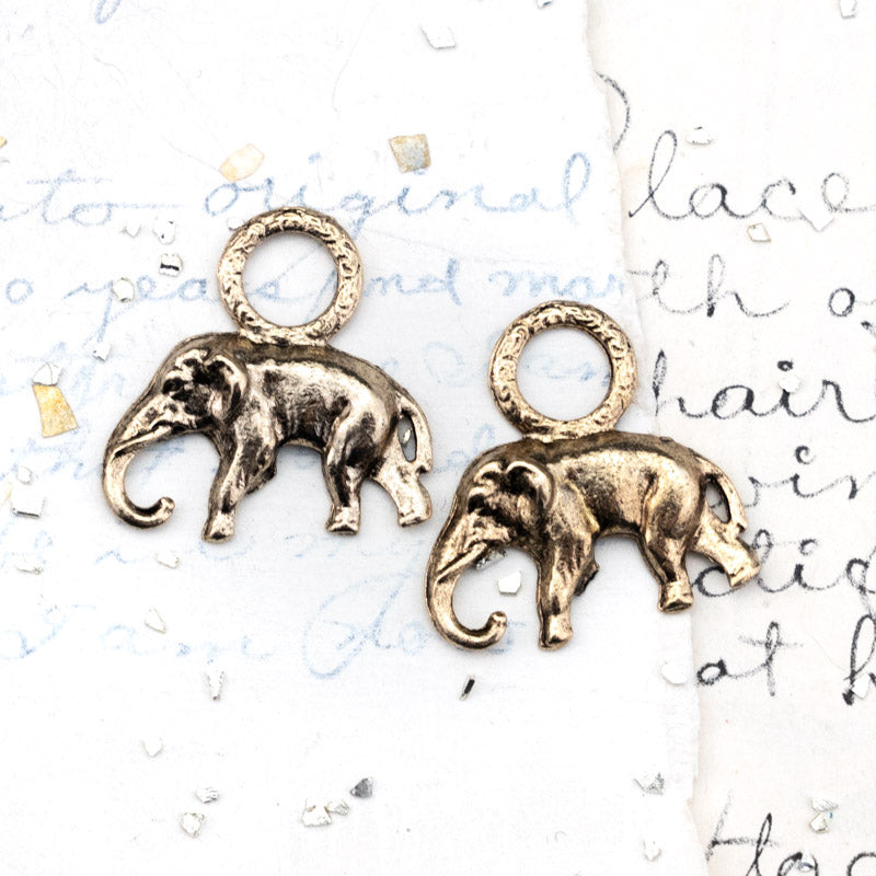 Antique Gold Elephant with Large Loop Charm Pair