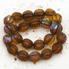 Load image into Gallery viewer, 10mm Amber with Matte and AB Finishes with a Metallic Brown Wash Faceted Melon Bead Strand
