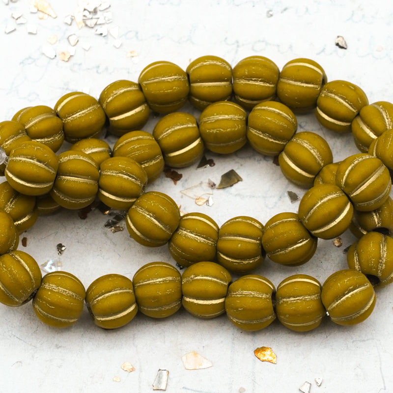 8mm Yellow Gold with Matte Finish and Gold Wash Large Hole Melon Beads