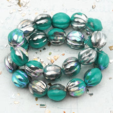 Load image into Gallery viewer, 10mm Sea Green with Silver and AB Finishes Faceted Melon Bead Strand
