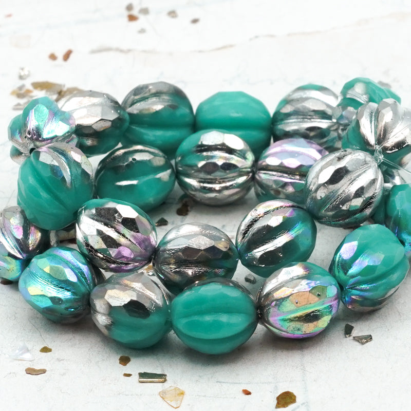 10mm Sea Green with Silver and AB Finishes Faceted Melon Bead Strand