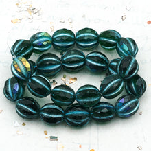 Load image into Gallery viewer, Pre-Order 10mm Faceted Melon Emerald with AB Finish and Metallic Turquoise Wash Bead Strand

