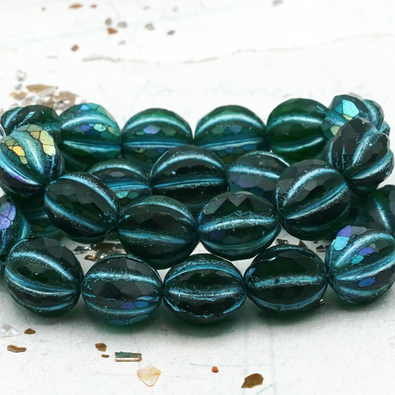 Pre-Order 10mm Faceted Melon Emerald with AB Finish and Metallic Turquoise Wash Bead Strand