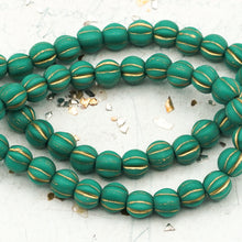 Load image into Gallery viewer, 6mm Matte Sea Green with Gold Wash Large Hole Melon Bead Strand
