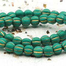 Load image into Gallery viewer, 6mm Matte Sea Green with Gold Wash Large Hole Melon Bead Strand

