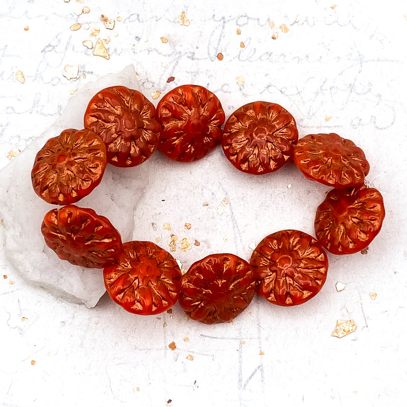 14mm Ladybug Red with a Copper Wash Dahlia Bead Strand