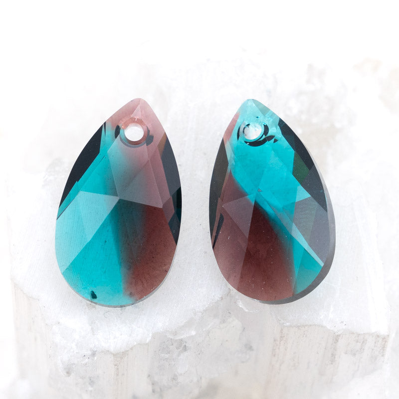 22mm Burgundy and Blue Zircon Pear-Shaped Premium Crystal Pendant Pair