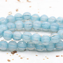 Load image into Gallery viewer, 6mm Sky Blue with Silver Finish and Turquoise Wash Large Hole Melon Bead Strand
