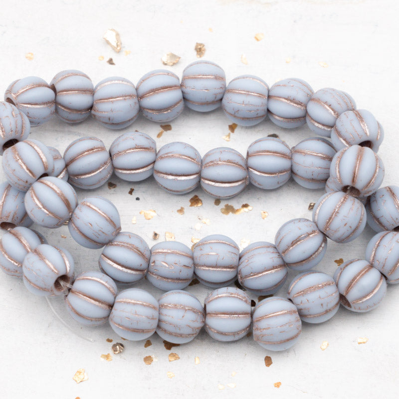 8mm Periwinkle with Metallic Beige Wash Large Hole Melon Beads