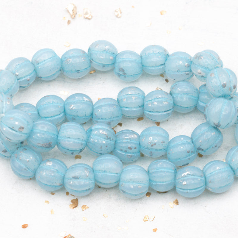 8mm Sky Blue with a Silver Finish and Turquoise Wash Large Hole Melon Beads
