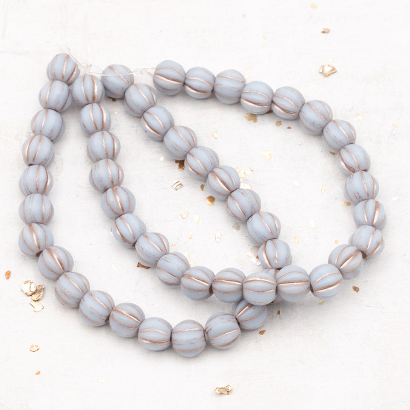 6mm Periwinkle with a Metallic Beige Wash Large Hole Melon Bead Strand
