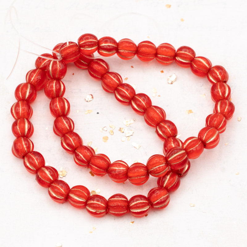 6mm Ladybug Red with Copper Wash Large Hole Melon Bead Strand