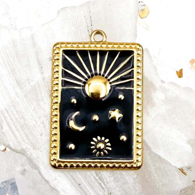 18K Gold Plated Rectangle Black Sun & Moon Charm