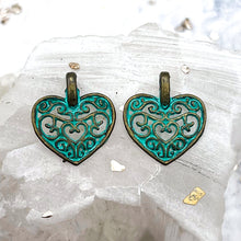 Load image into Gallery viewer, Antique Brass Plated Turquoise Heart Pendant Pairs
