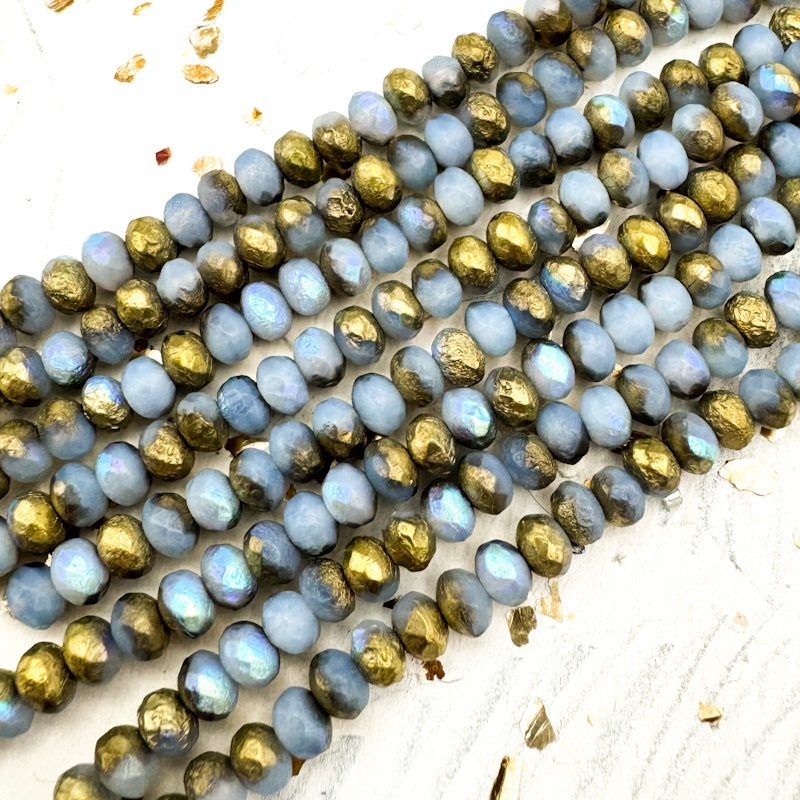 5X3mm Pale Sky Blue with Ab, Gold, and Etched Finishes Rondelle Strand