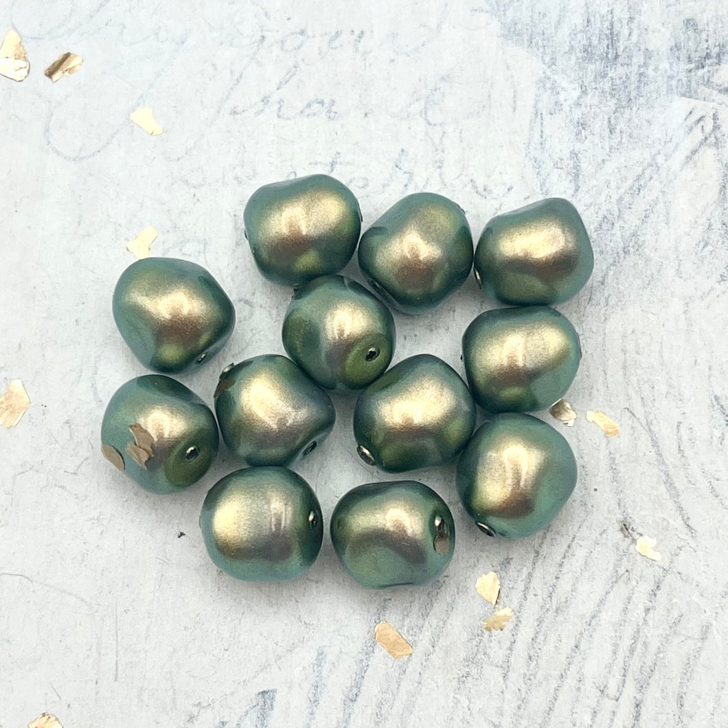 10mm Iridescent Green Premium Crystal Pearl Bead Set-12 pieces