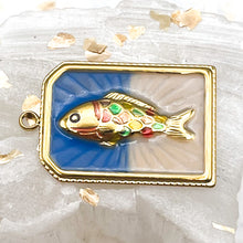 Load image into Gallery viewer, 18K Gold Plated Steel Blue Rectangle With Fish Charm
