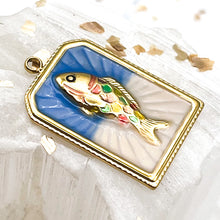 Load image into Gallery viewer, 18K Gold Plated Steel Blue Rectangle With Fish Charm
