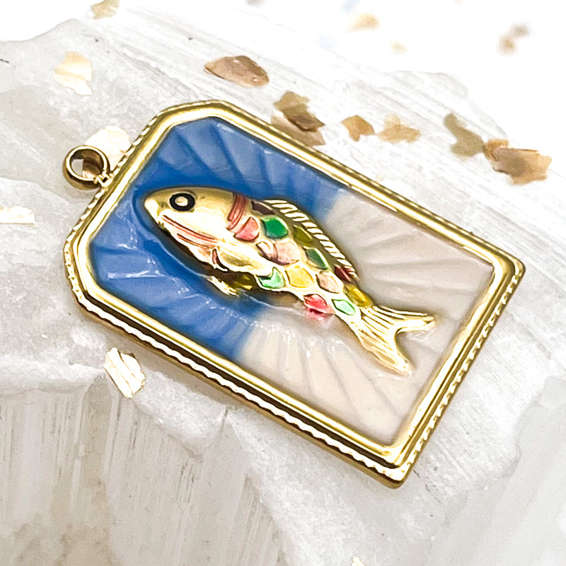 18K Gold Plated Steel Blue Rectangle With Fish Charm