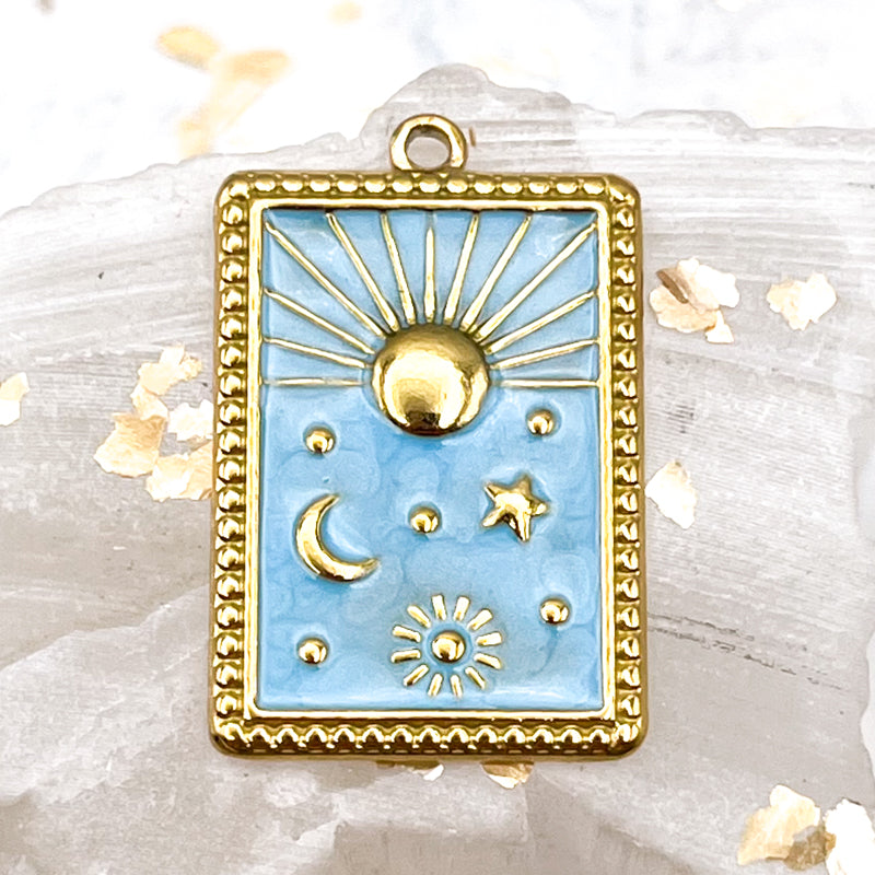18K Gold Plated Light Sky Blue Moon, Sun, & Star Charm