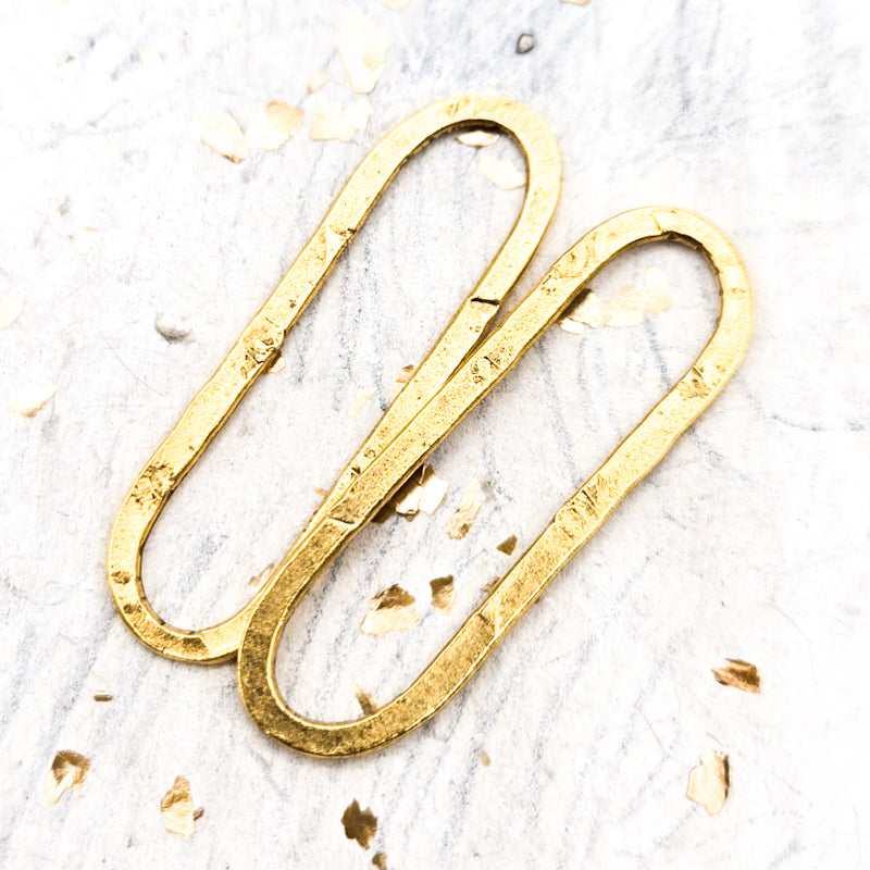 Antique Gold Large Hammered Elongated Oval Hoop Pair
