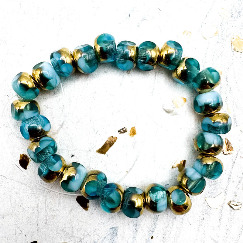 Pre-Order 5mm Sky Blue Metallic Trica Bead Strand with Gold Finish