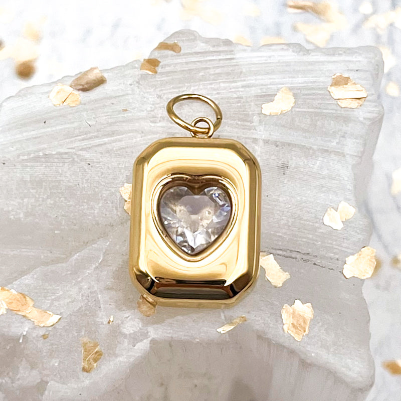 Golden Rectangle Pendant With Glass Heart