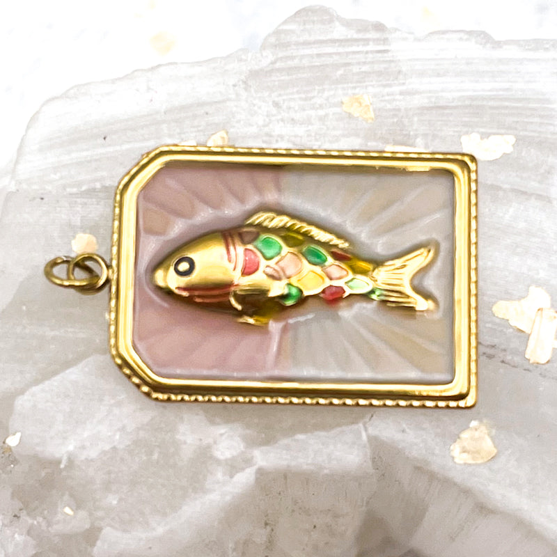 18K Gold Plated Rectangle With Fish Charm