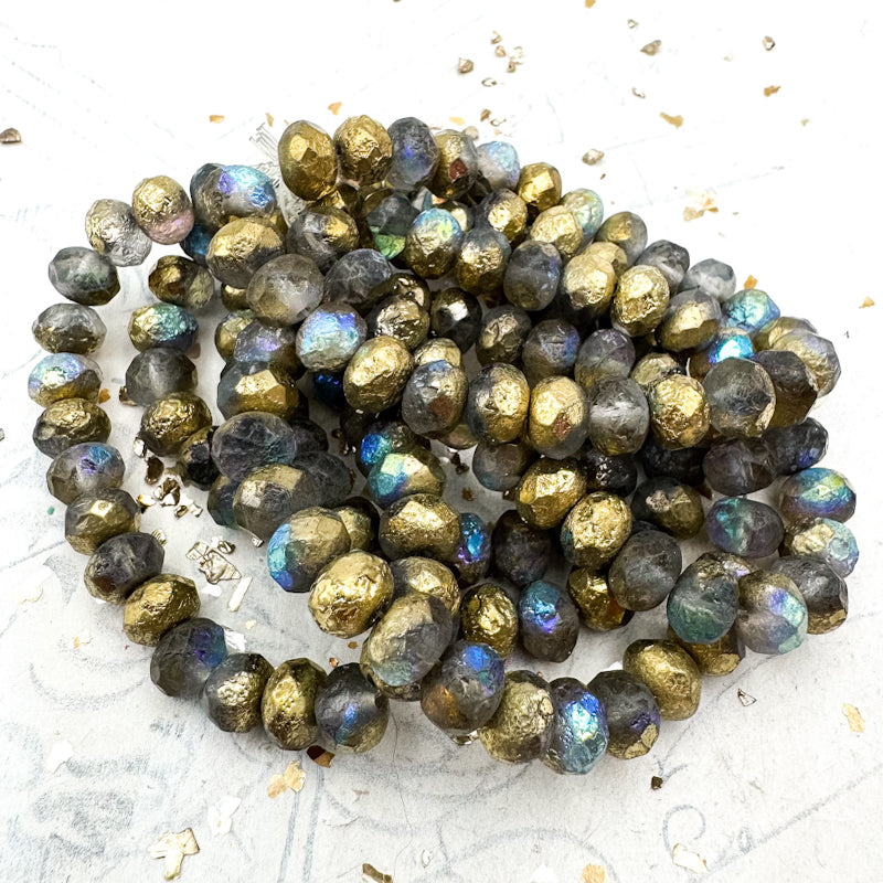 6x8mm Transparent with an Etched Finish and Golden Luster Rondelle Bead Strand