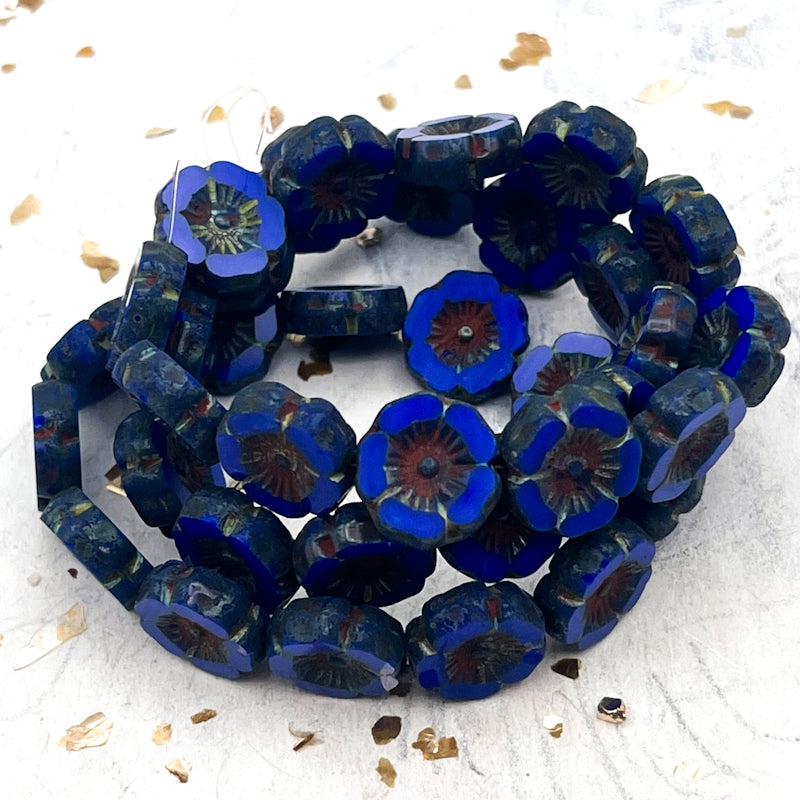 12mm Sapphire Hibiscus Flower with Picasso Finish Bead Strand