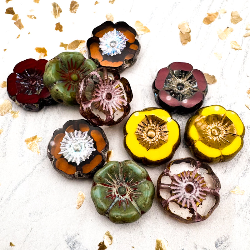 12mm Czech Hibiscus Flower Roulette Pairs Mix - 5 Pairs