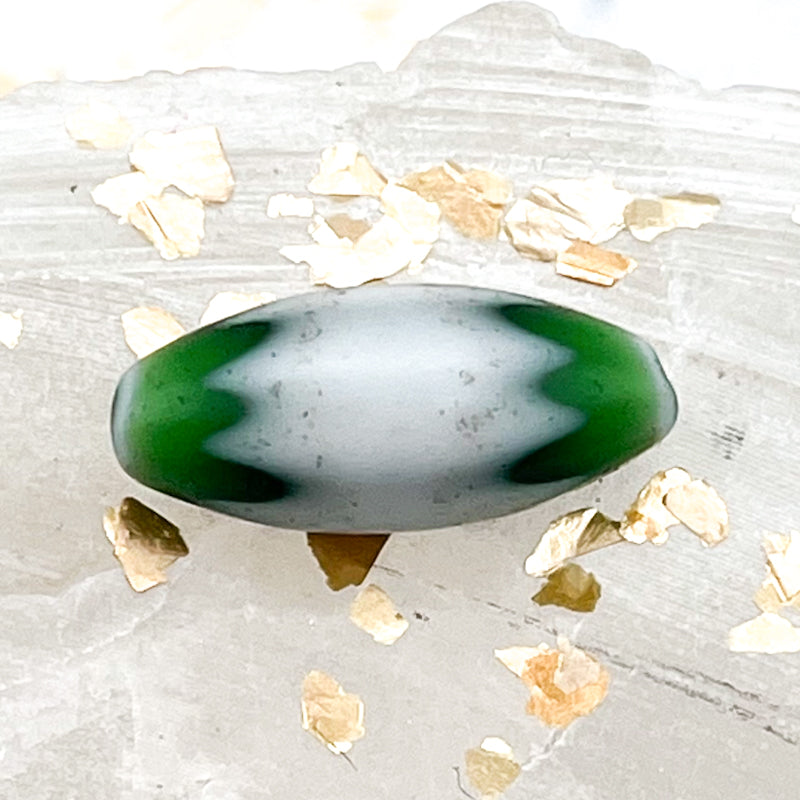 Green and White Vintage African Chevron Glass Bead