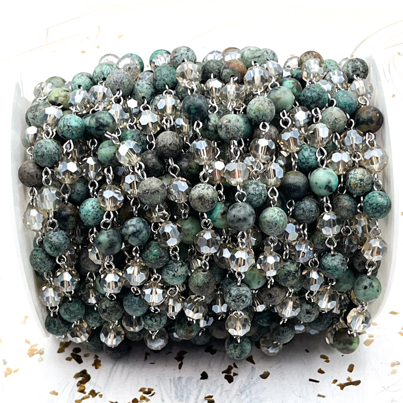 African Turquoise With 8mm Crystal Chain-12