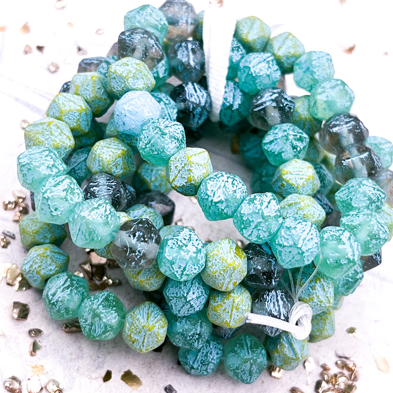Pre-Order 8mm English Cut Bead Mix Yellow, Tea Green, and Pale Grey with Etched Finish and Turquoise Wash