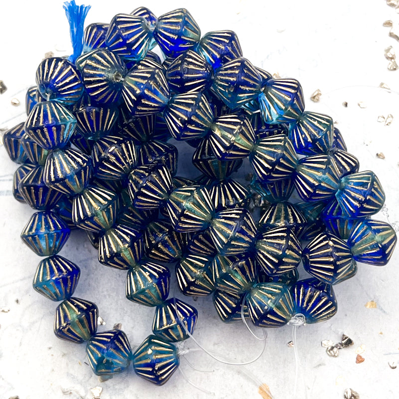 Pre-Order 11mm Tribal Bicone Sapphire and Sky Blue with a Gold Wash